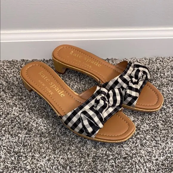 Kate Spade Lilah Gingham Knotted Bow Slide Sandals Black/White