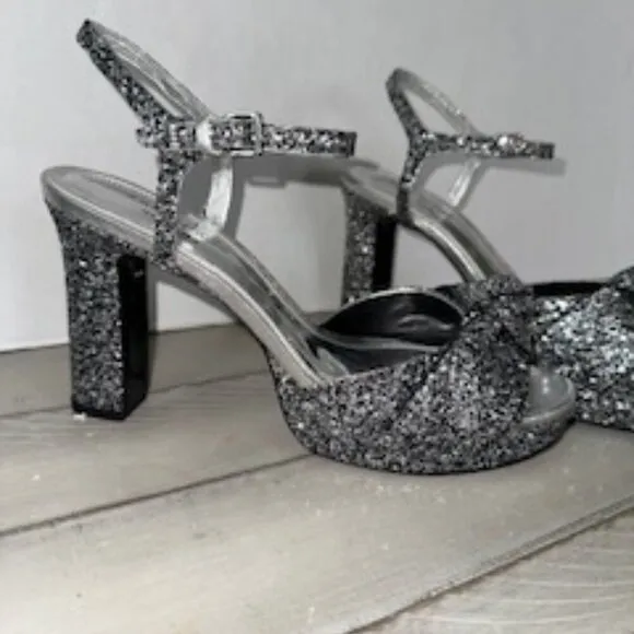 Kate Spade Miya Silver Glitter Block Heel Dress Heel Sandals