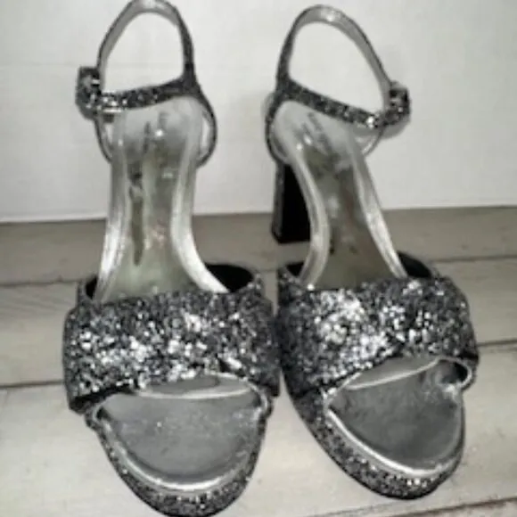 Kate Spade Miya Silver Glitter Block Heel Dress Heel Sandals