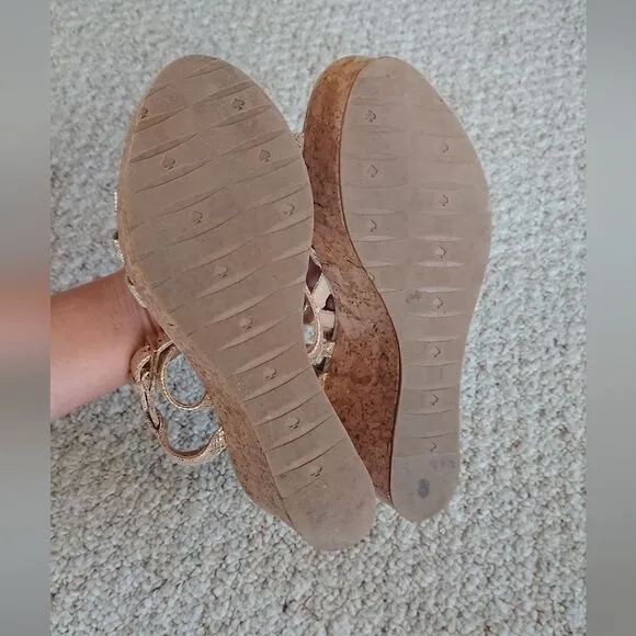 Kate Spade New York 10 GOLD METALLIC LEATHER Cork WEDGE Strappy SANDALS size 6M