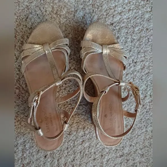 Kate Spade New York 10 GOLD METALLIC LEATHER Cork WEDGE Strappy SANDALS size 6M
