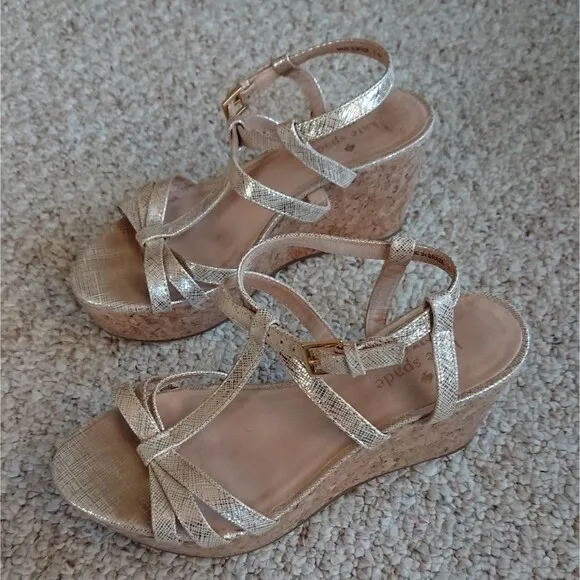 Kate Spade New York 10 GOLD METALLIC LEATHER Cork WEDGE Strappy SANDALS size 6M