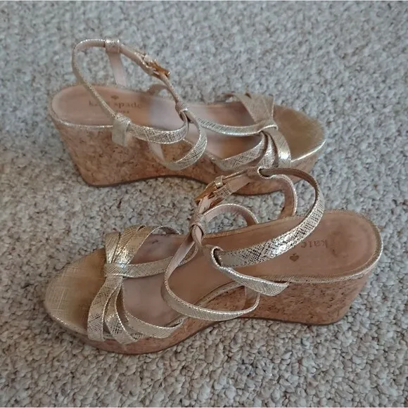 Kate Spade New York 10 GOLD METALLIC LEATHER Cork WEDGE Strappy SANDALS size 6M
