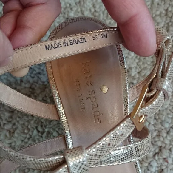 Kate Spade New York 10 GOLD METALLIC LEATHER Cork WEDGE Strappy SANDALS size 6M