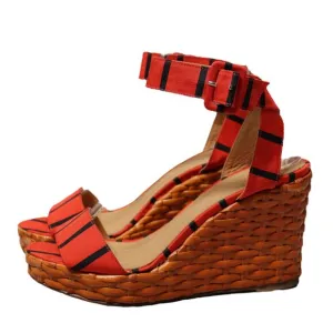 Kate Spade New York Cabana Wedge Wicker Sandals Orange &amp; Black Stripe Size 7