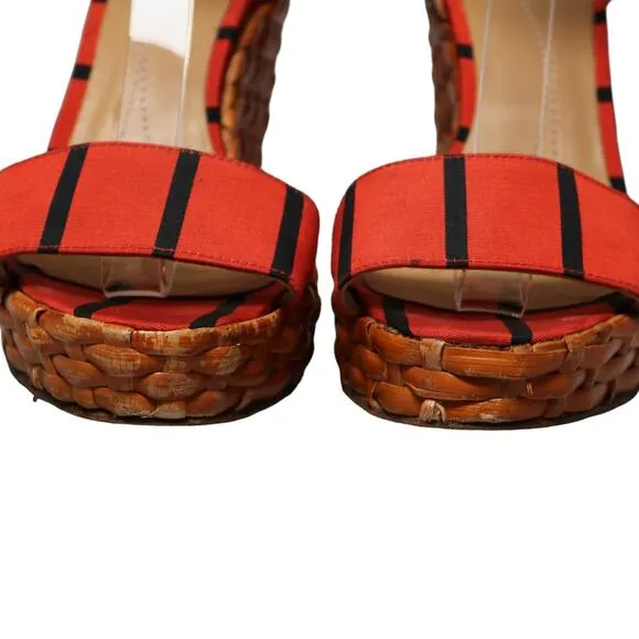 Kate Spade New York Cabana Wedge Wicker Sandals Orange &amp; Black Stripe Size 7