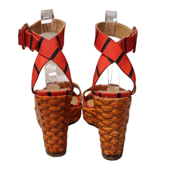Kate Spade New York Cabana Wedge Wicker Sandals Orange &amp; Black Stripe Size 7