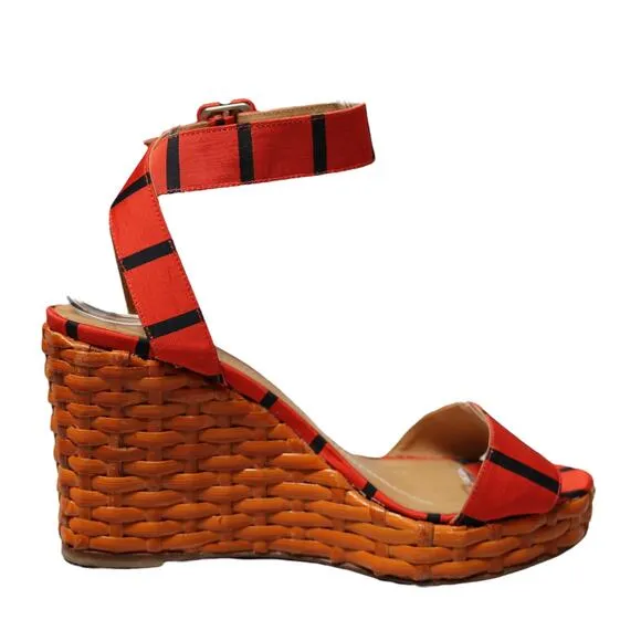 Kate Spade New York Cabana Wedge Wicker Sandals Orange &amp; Black Stripe Size 7