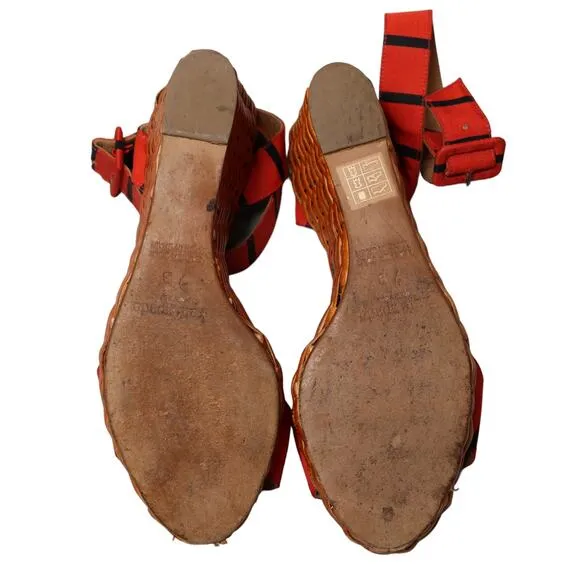 Kate Spade New York Cabana Wedge Wicker Sandals Orange &amp; Black Stripe Size 7