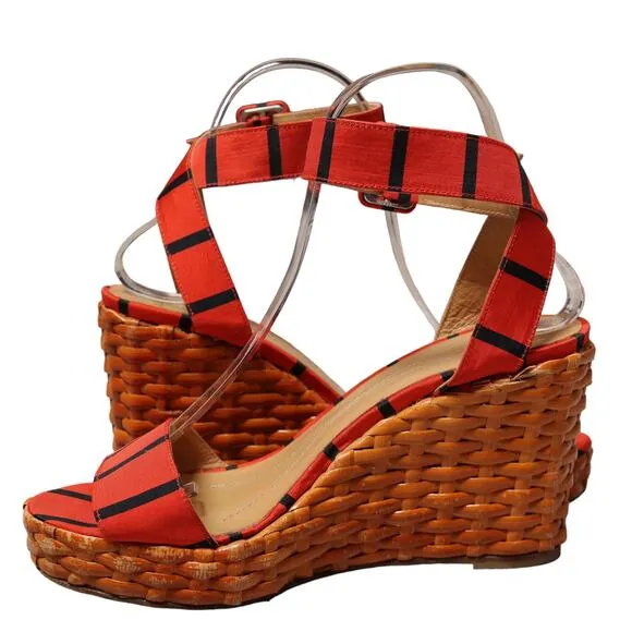 Kate Spade New York Cabana Wedge Wicker Sandals Orange &amp; Black Stripe Size 7