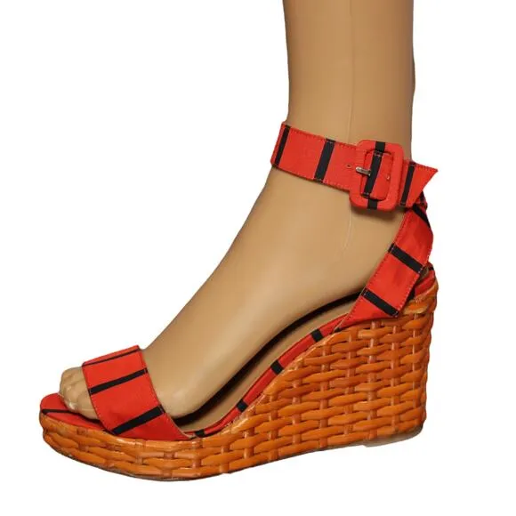 Kate Spade New York Cabana Wedge Wicker Sandals Orange &amp; Black Stripe Size 7