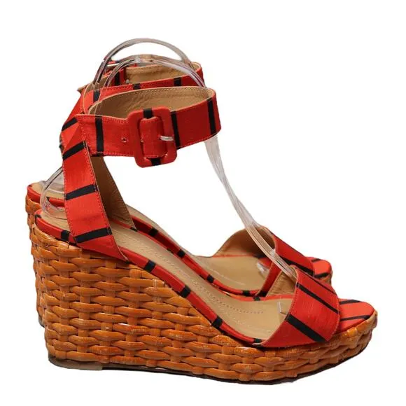 Kate Spade New York Cabana Wedge Wicker Sandals Orange &amp; Black Stripe Size 7