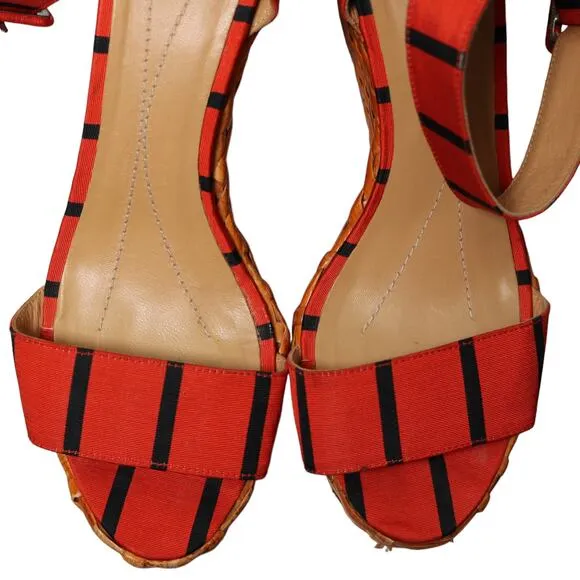 Kate Spade New York Cabana Wedge Wicker Sandals Orange &amp; Black Stripe Size 7