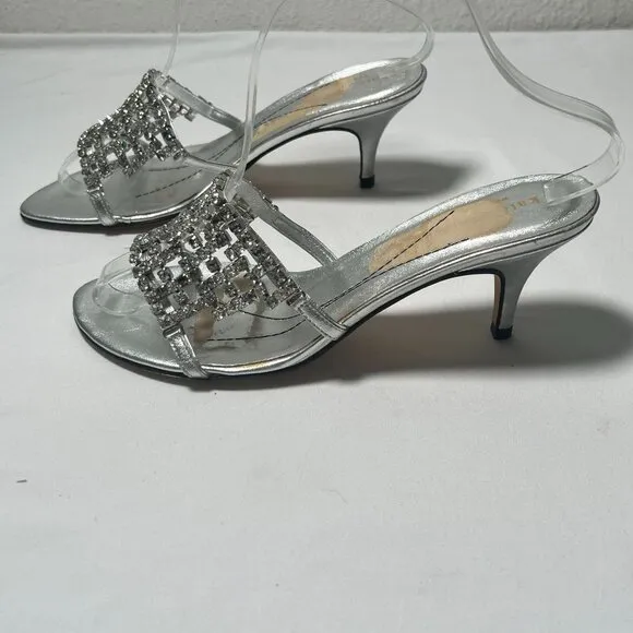 Kate Spade Rhinestone Crystal Mule Sandals Heels Silver Size 8.5 Wedding Party