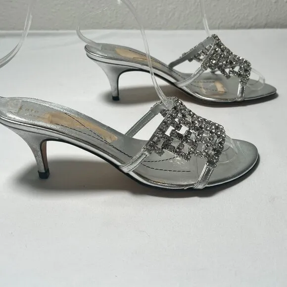 Kate Spade Rhinestone Crystal Mule Sandals Heels Silver Size 8.5 Wedding Party