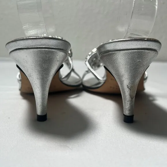Kate Spade Rhinestone Crystal Mule Sandals Heels Silver Size 8.5 Wedding Party