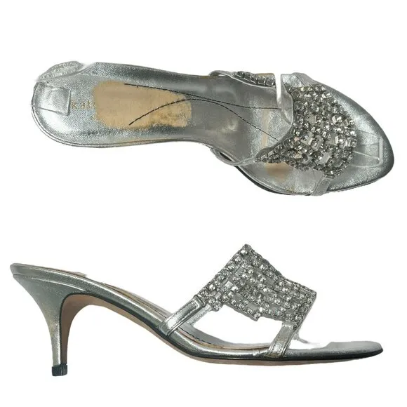 Kate Spade Rhinestone Crystal Mule Sandals Heels Silver Size 8.5 Wedding Party