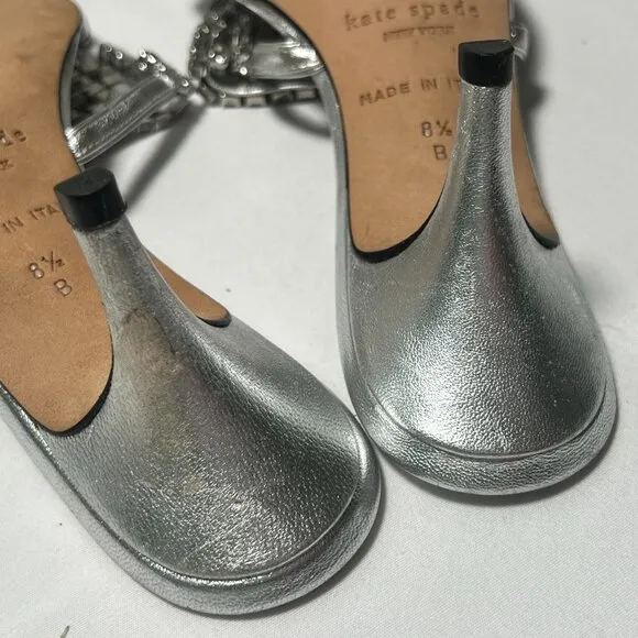 Kate Spade Rhinestone Crystal Mule Sandals Heels Silver Size 8.5 Wedding Party