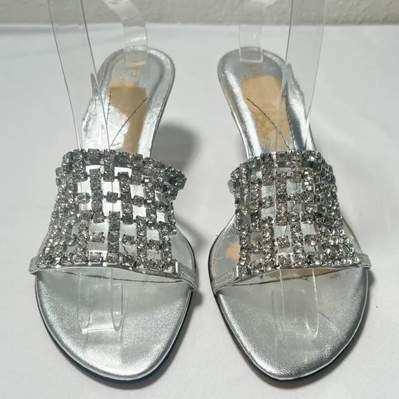 Kate Spade Rhinestone Crystal Mule Sandals Heels Silver Size 8.5 Wedding Party