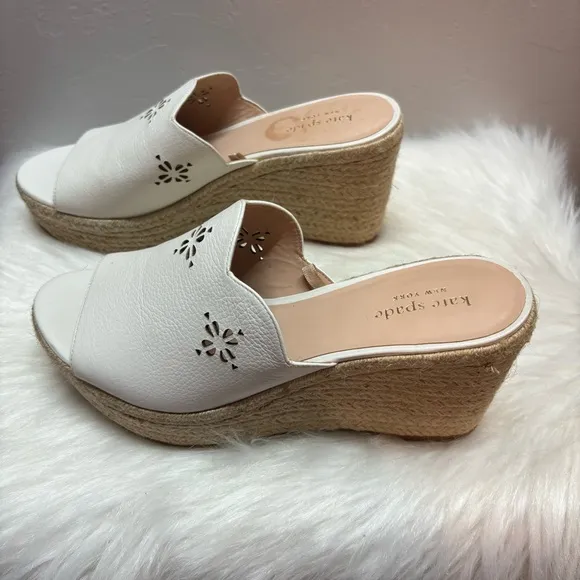 Kate Spade Tenley Espadrille Wedge Leather Sandals White Size 8.5