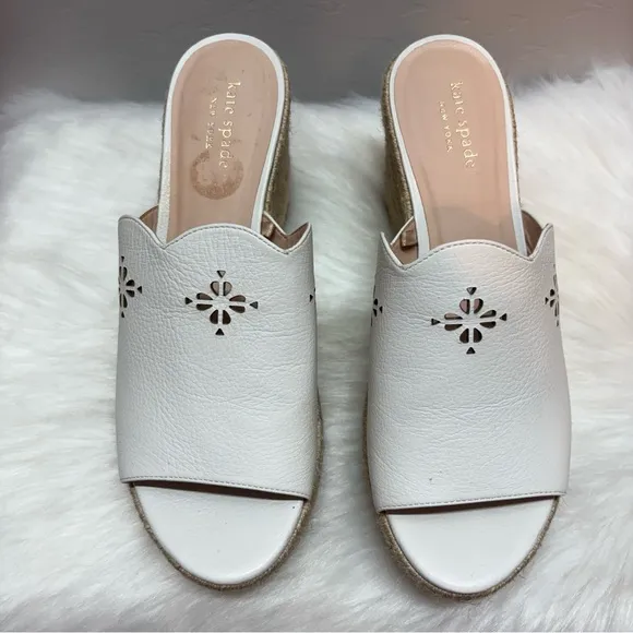 Kate Spade Tenley Espadrille Wedge Leather Sandals White Size 8.5