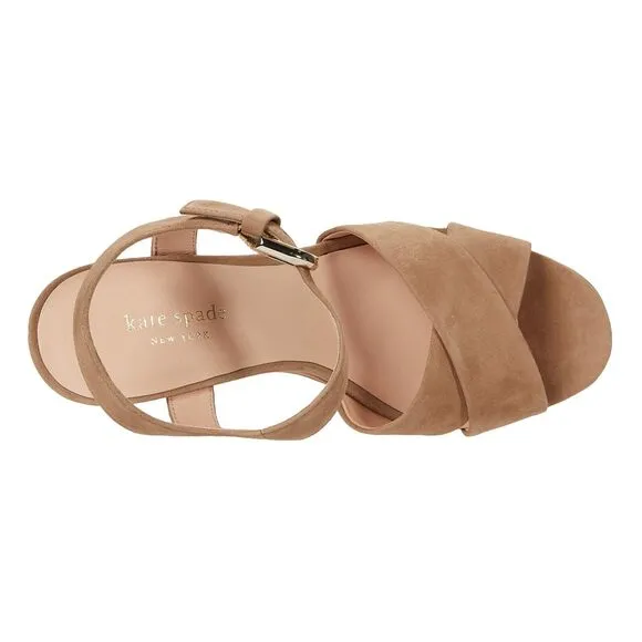 Kate Spade Women Block Heel Ankle Strap Sandals Grace Size US 9.5B Almond Suede