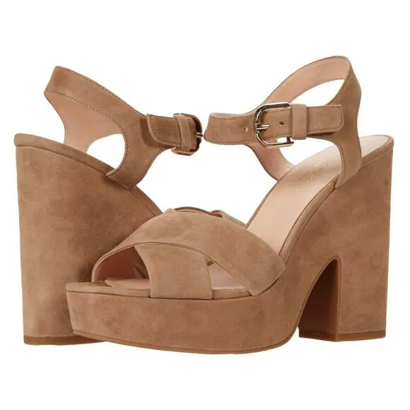 Kate Spade Women Block Heel Ankle Strap Sandals Grace Size US 9.5B Almond Suede