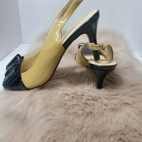 Kate Spade Tan &amp; Black Bow Slingbacks Heel Shoes  Size 6.5