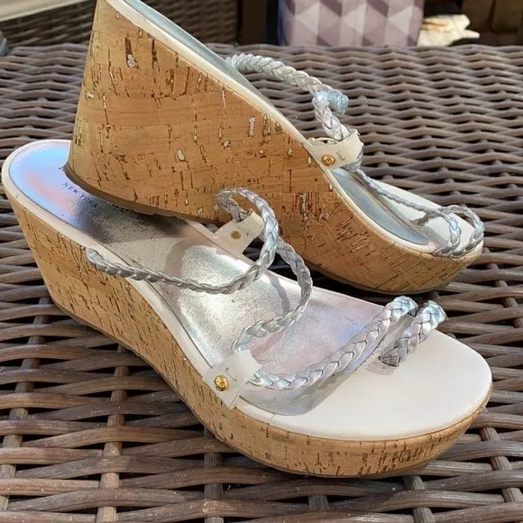 Kate Spade New York Silver Braided Strap Wedge SZ 9.5