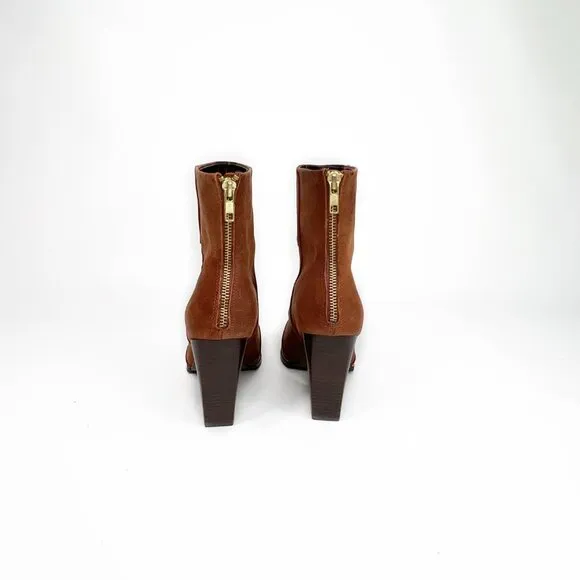 KELSI DAGGER Brown Leather Ankle Boots With Back Zipper &amp; Block Heel 10
