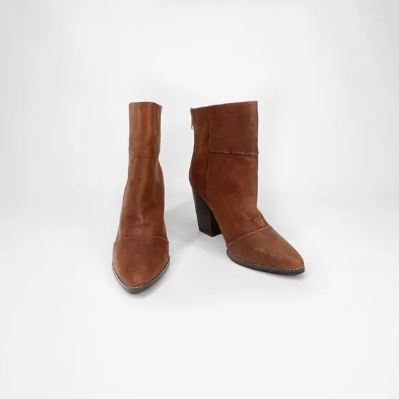 KELSI DAGGER Brown Leather Ankle Boots With Back Zipper &amp; Block Heel 10