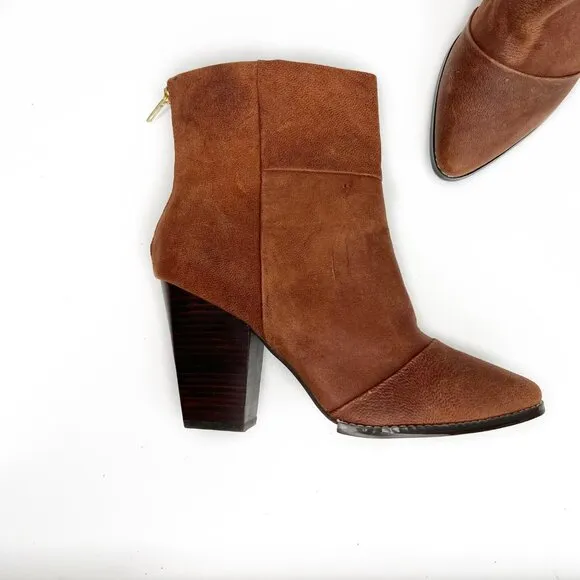 KELSI DAGGER Brown Leather Ankle Boots With Back Zipper &amp; Block Heel 10