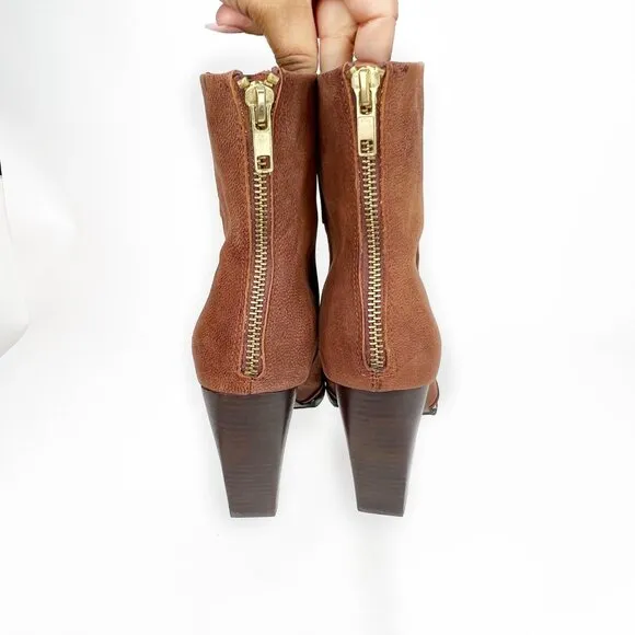KELSI DAGGER Brown Leather Ankle Boots With Back Zipper &amp; Block Heel 10
