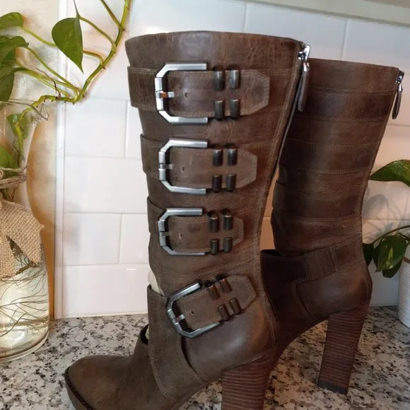 Kenneth Cole Buckle back Zip Knee-High Combat Tall Heel Brown Boots 6M