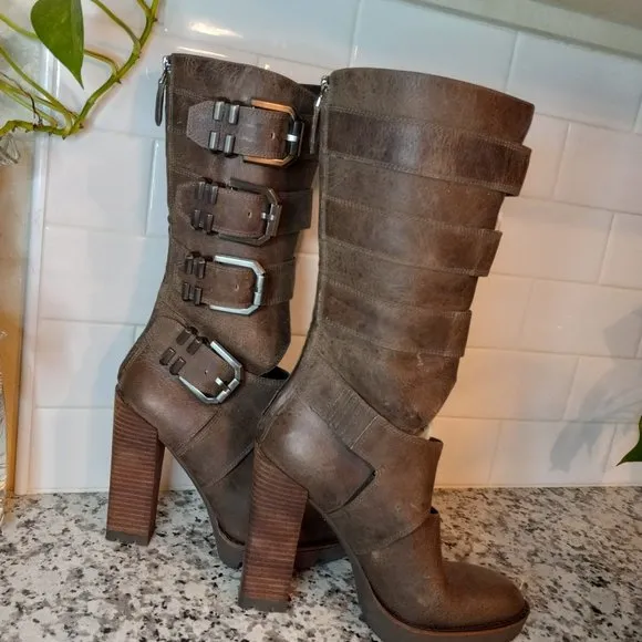 Kenneth Cole Buckle back Zip Knee-High Combat Tall Heel Brown Boots 6M