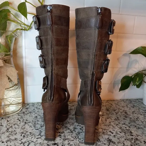 Kenneth Cole Buckle back Zip Knee-High Combat Tall Heel Brown Boots 6M