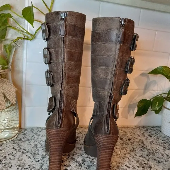 Kenneth Cole Buckle back Zip Knee-High Combat Tall Heel Brown Boots 6M