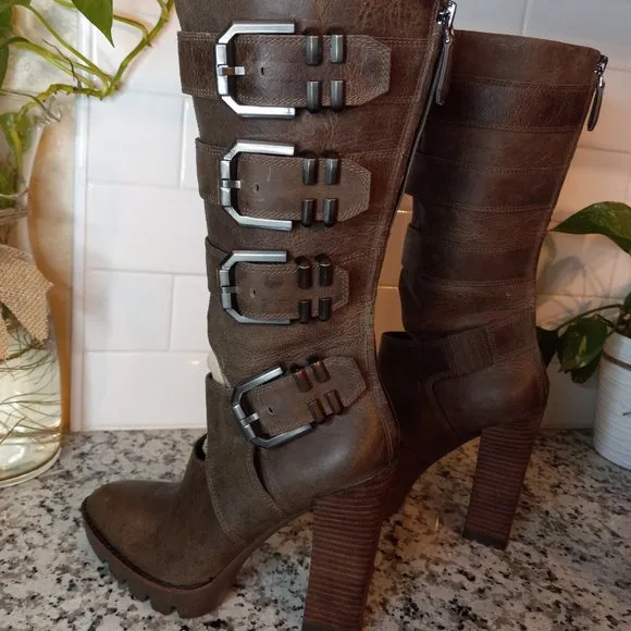 Kenneth Cole Buckle back Zip Knee-High Combat Tall Heel Brown Boots 6M