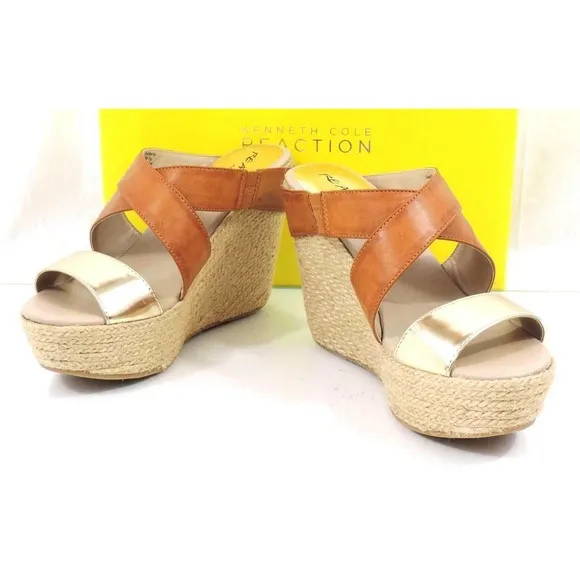Kenneth Cole Reaction Oscar Rent Her Platform Wedge Sandals Light Gold Size 7