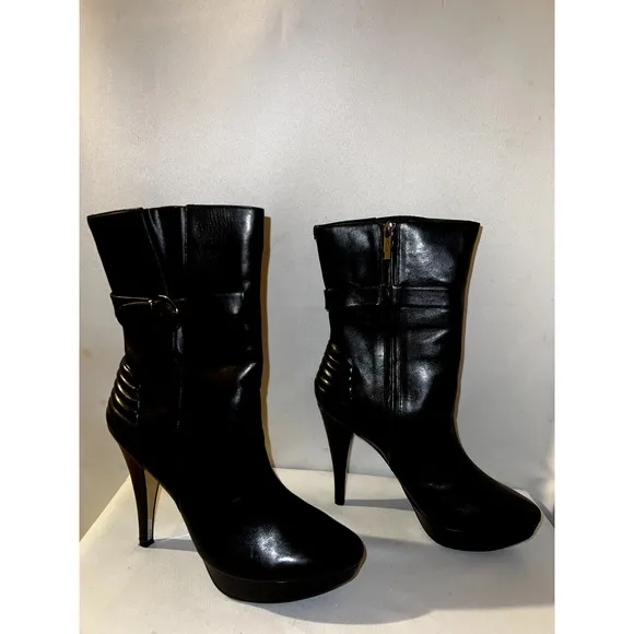 KENNETH COLE Shoes Women's Size 8 Black Leather Zip TALK TOUGH Heels Boots