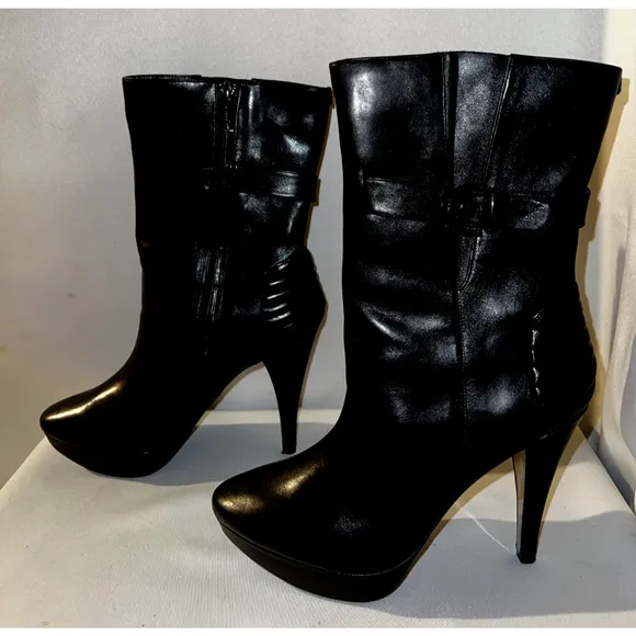 KENNETH COLE Shoes Women's Size 8 Black Leather Zip TALK TOUGH Heels Boots