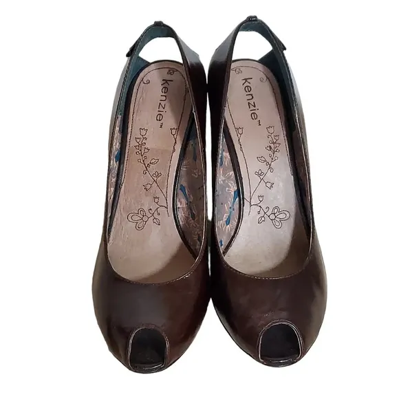 Kenzie Leather‎ Sculptured Wedge Peep Toe Heels Burgundy Brown Color Unique