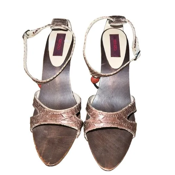 Kenzo wood heel accent detail ankle strap heels size 40 EU 8 US drop ball