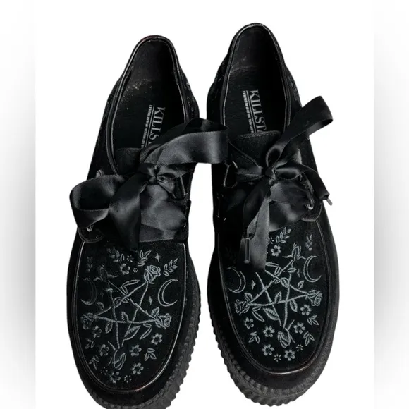 Killstar Luci-Fairy Creeper Platform Shoes Black Embroidered Goth Size 9