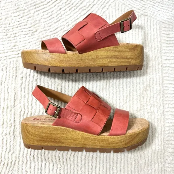 Kork-Ease Fraya Woven Leather Platform Wedge Sandals Mauve Red Size 10