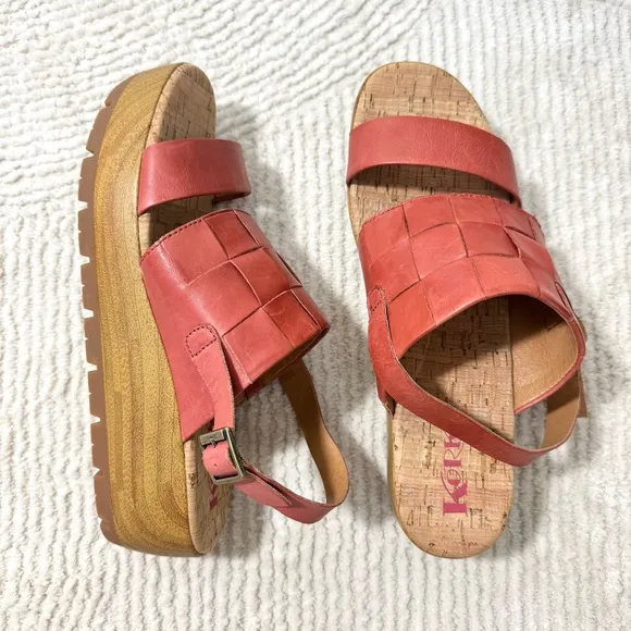 Kork-Ease Fraya Woven Leather Platform Wedge Sandals Mauve Red Size 10