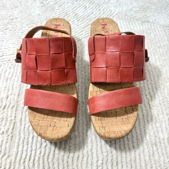 Kork-Ease Fraya Woven Leather Platform Wedge Sandals Mauve Red Size 10