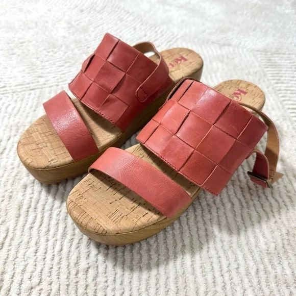 Kork-Ease Fraya Woven Leather Platform Wedge Sandals Mauve Red Size 10