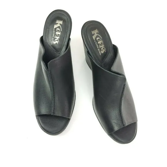 Kork Ease Greer Wedge Sandals Womens 9 M Black Leather Platform Slide Clog Shoes