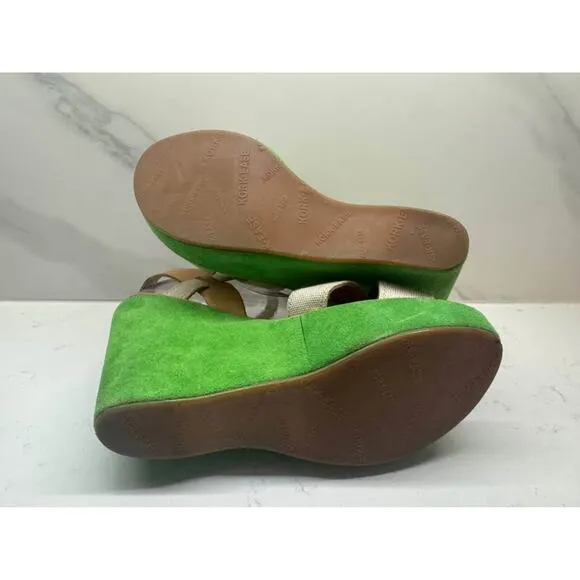 Kork-Ease Size 10 EU 42 Bette Mod Green Suede Linen Platform Wedge Heels Shoes
